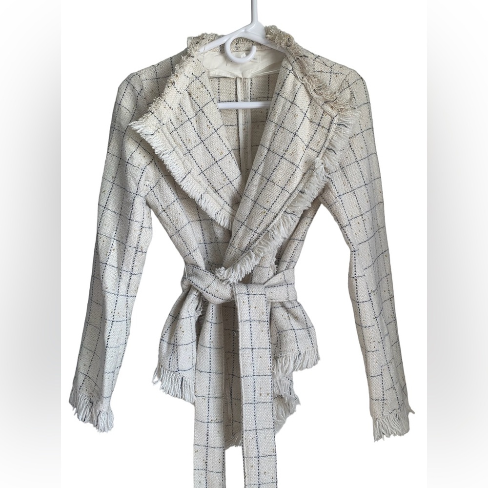 ÉTOPHE STUDIOS Cream & Gold Fringe Cardigan Coat with Belt size small
